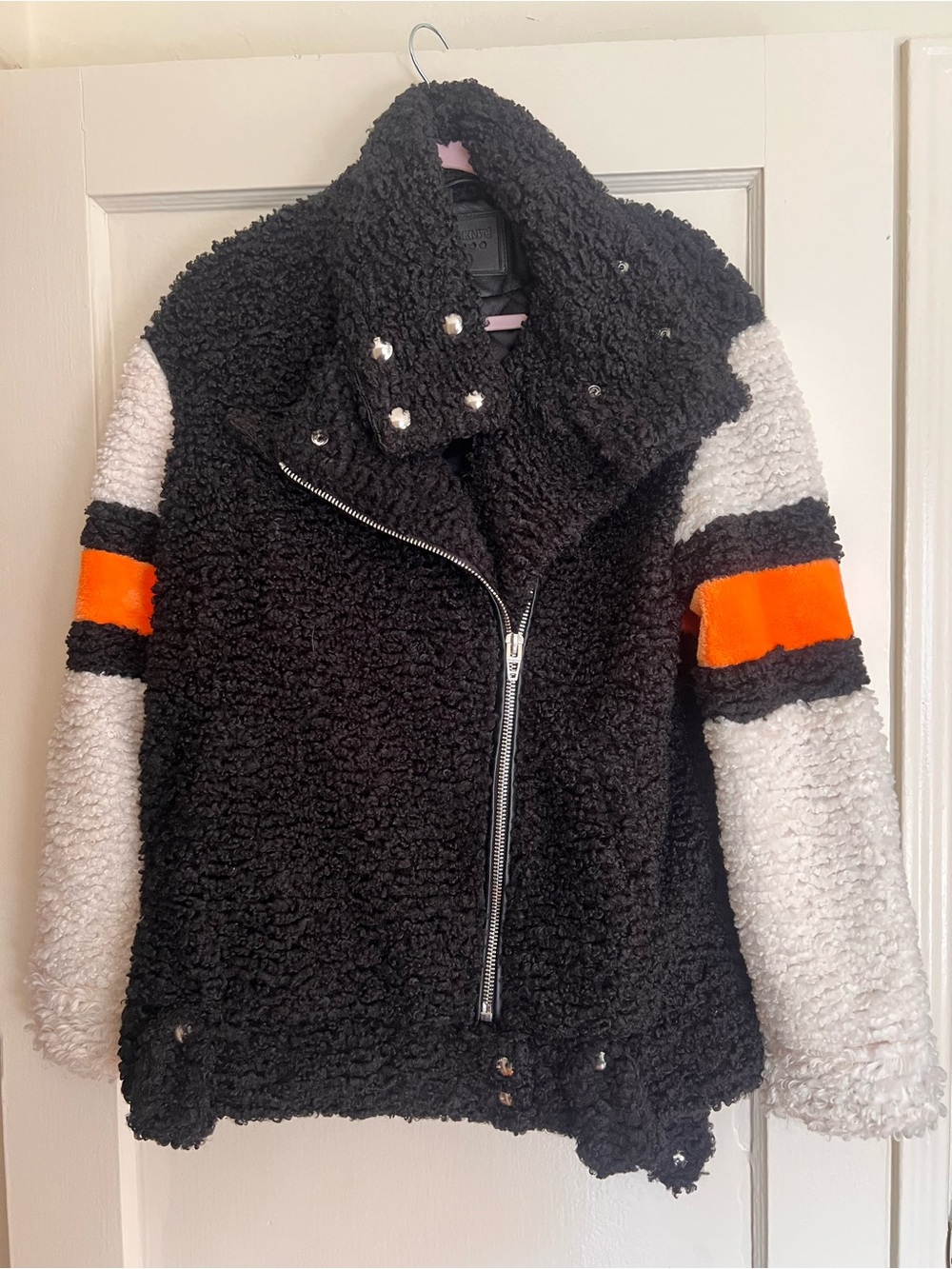 Blank NYC - Black Sherpa Moto Jacket with White Sleeves and Orange Accent